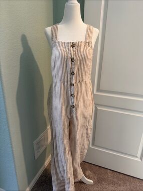 Striped Beige and White Button-Front Linen Jumpsuit